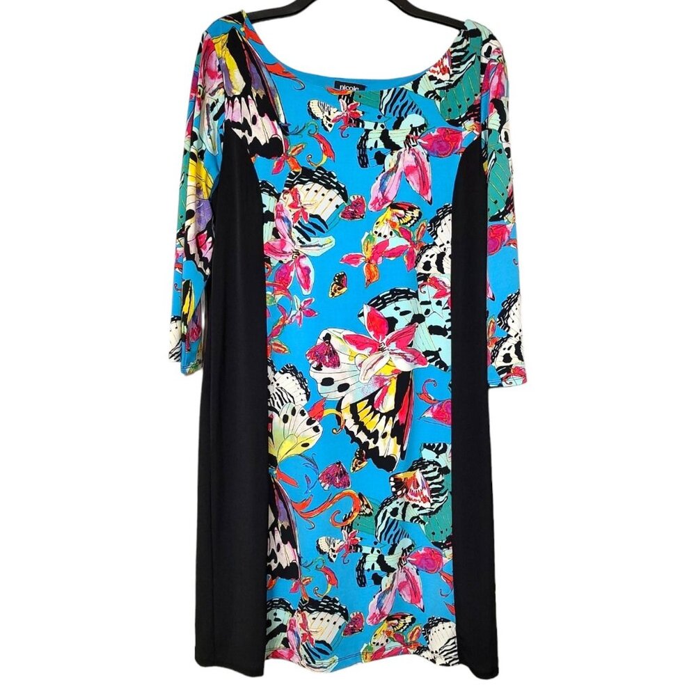 Nicole By Nicole Miller Womens Blue Butterfly Floral Dress 3/4 Sleeve Size M